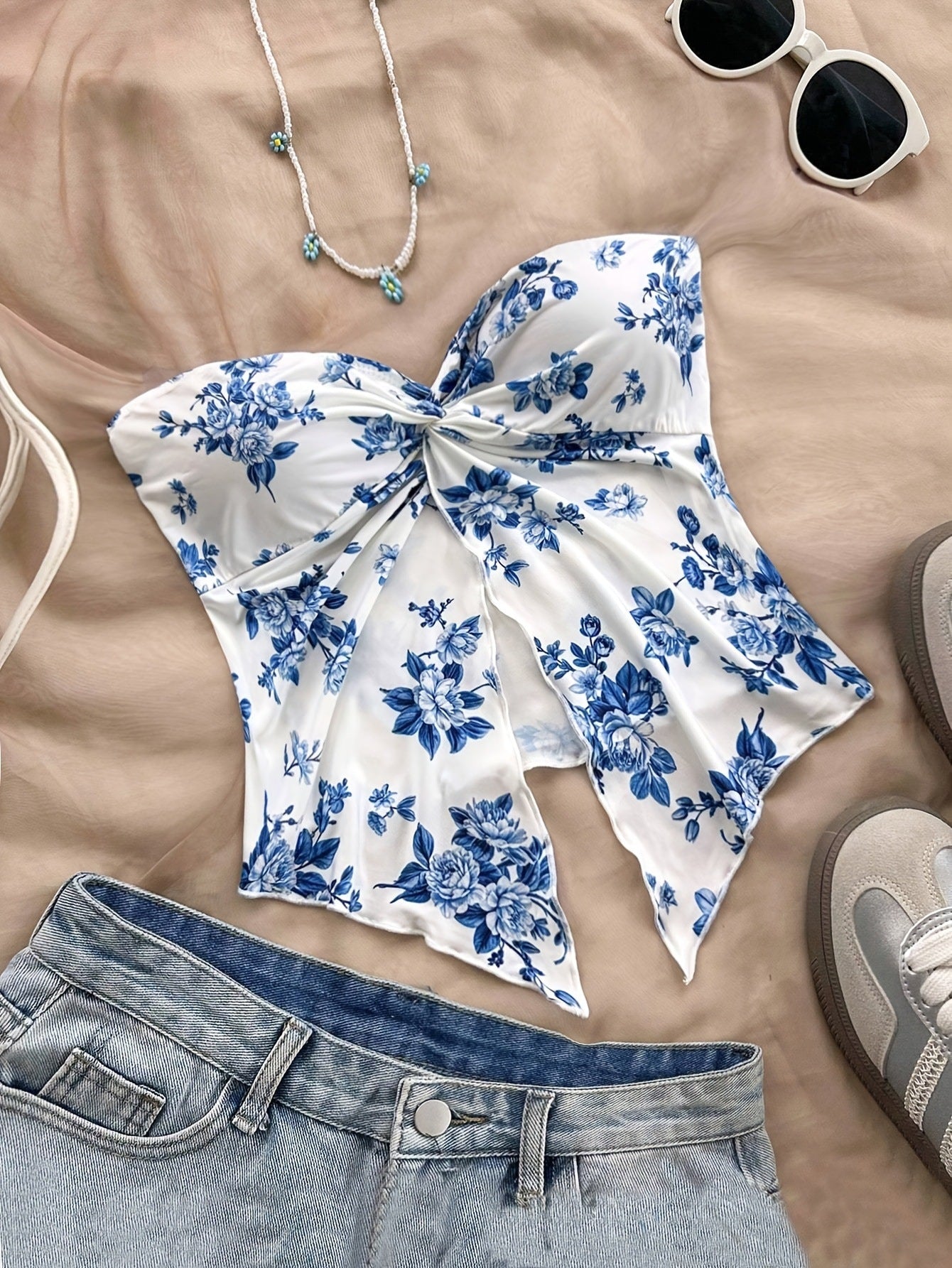 Printed Asymmetric Hem Vacation Style Wrapped Small Vest/suspenders/tube Top