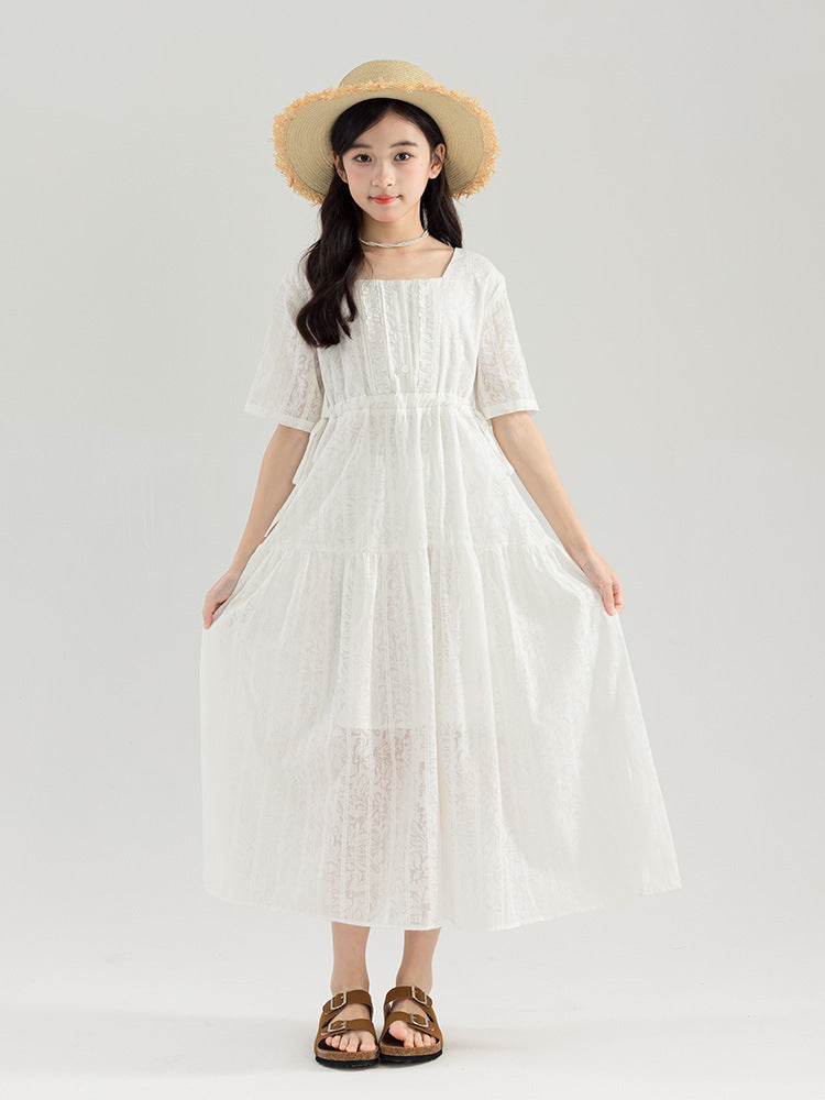 Large Summer French Square Collar Loose Artistic Mori Style Mid-length Children's Dress