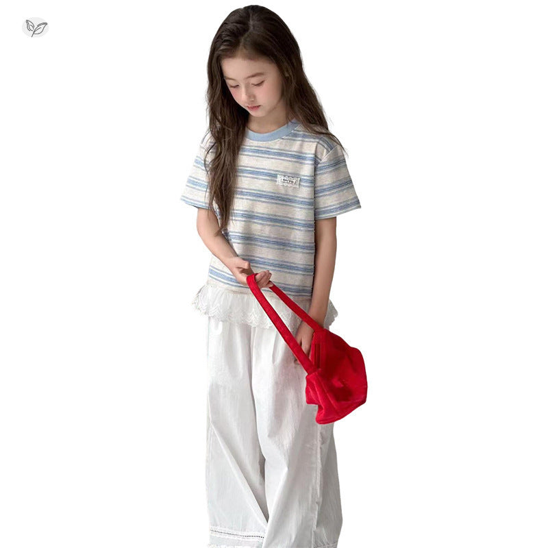 Children's Lace T-shirt Casual Pants Summer Medium Big Striped Contrast Children's Suit