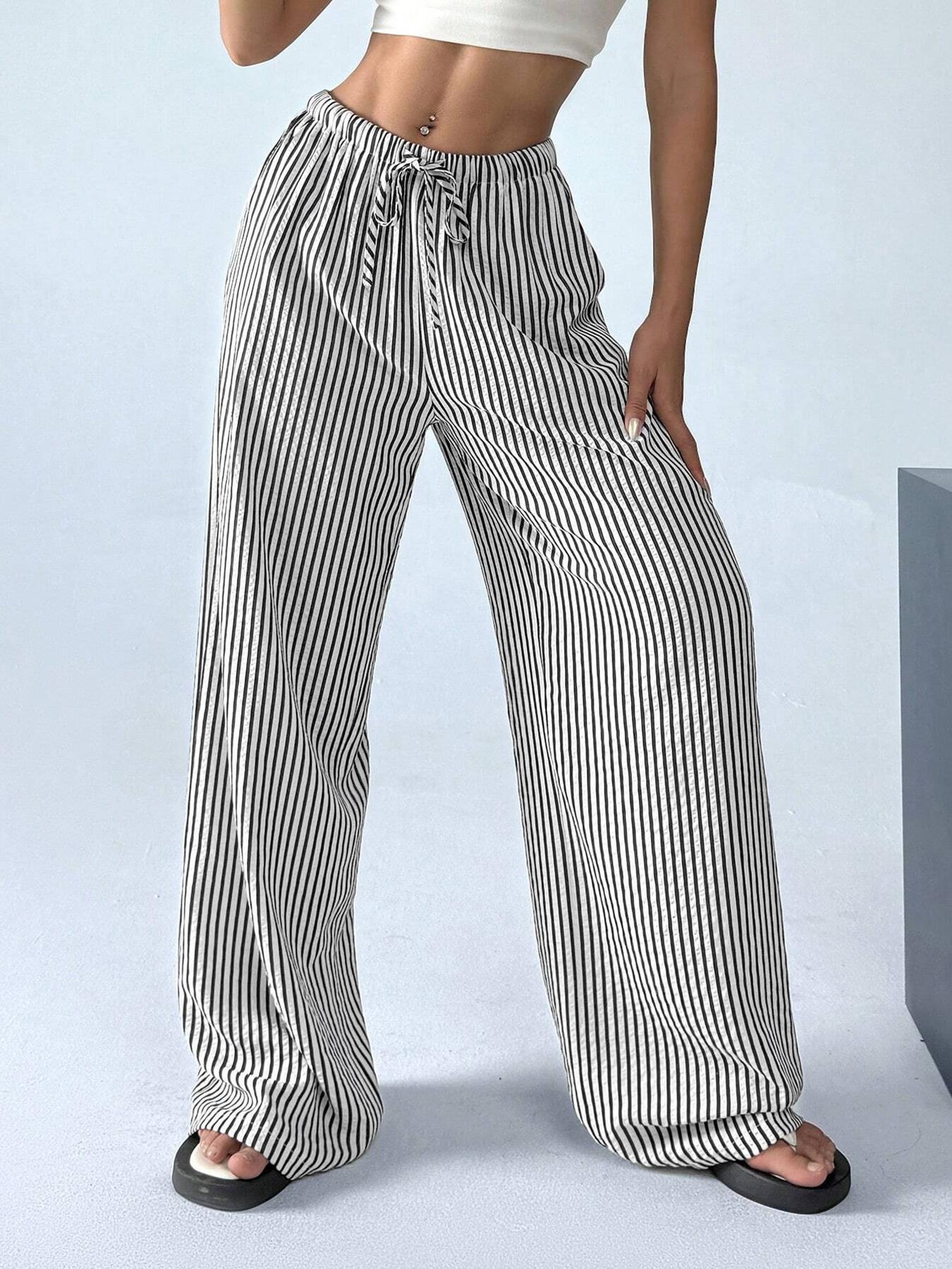 Women's Contrast Color Striped Loose High Waist Pants