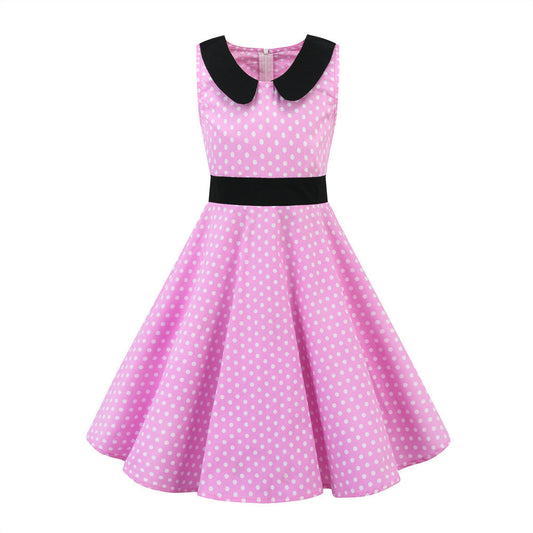 Retro Polka Dot Doll Collar Cinched Sleeveless Daily Children's Dress