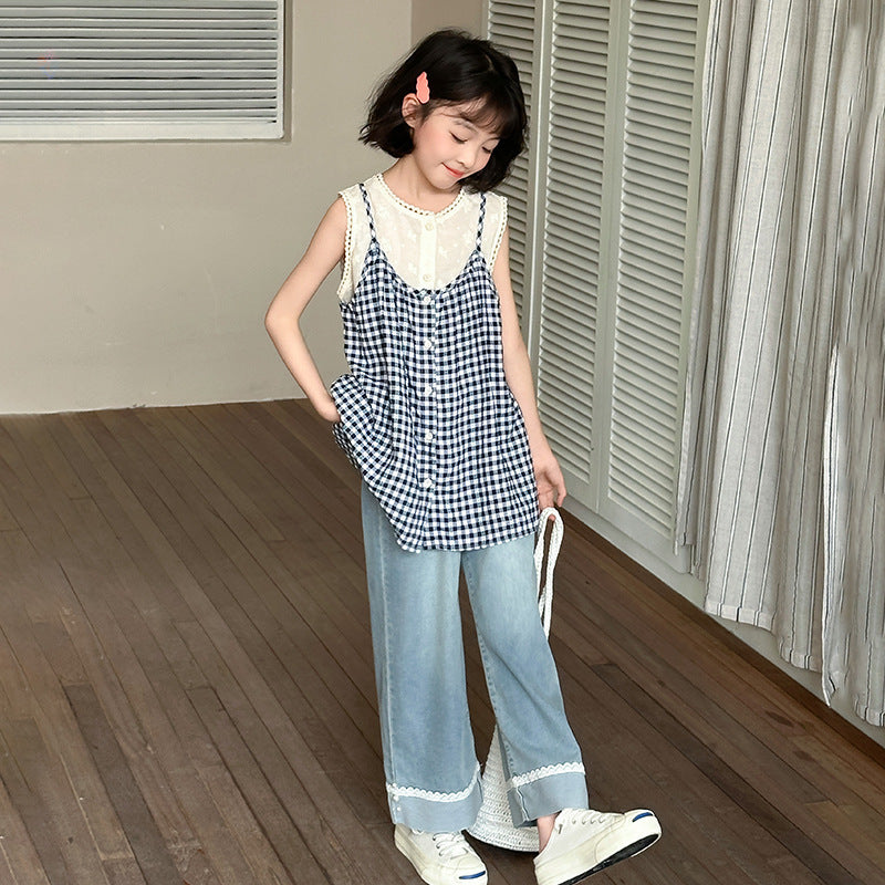 Summer Sweet Plaid Fake Two-piece Top With Jeans Medium Big Children's Suit