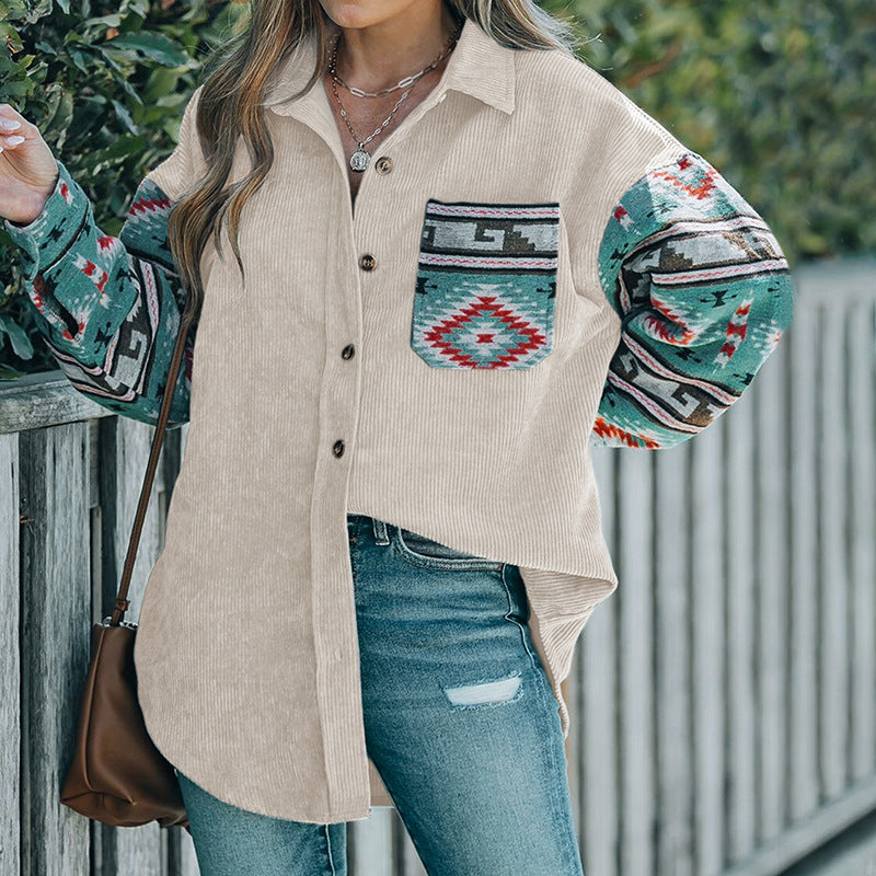 Women's Corduroy Shirt Ethnic Style Stitching Thin Blouse