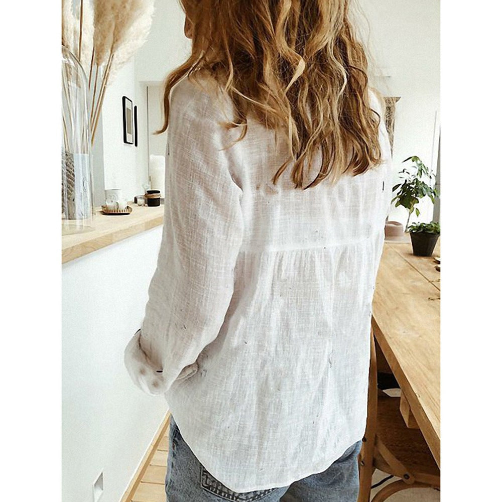 Women's Casual Loose Long-sleeved Linen Shirt Sleeved Blouse
