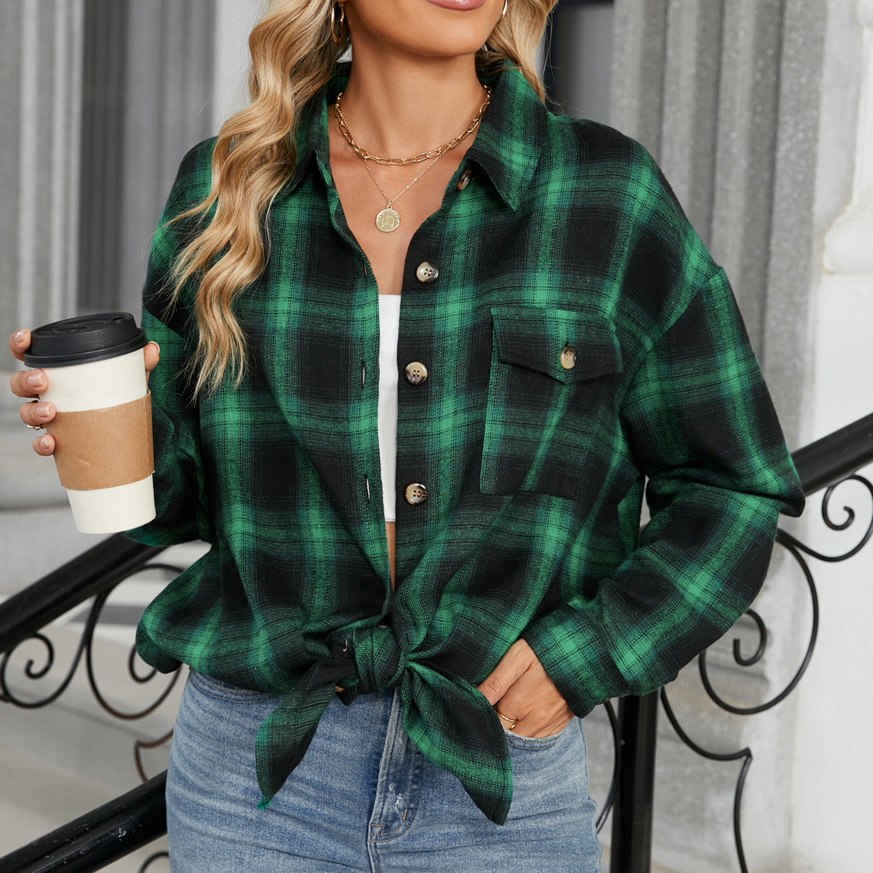 Style Plaid Shirt Brushed Long Sleeve Blouse
