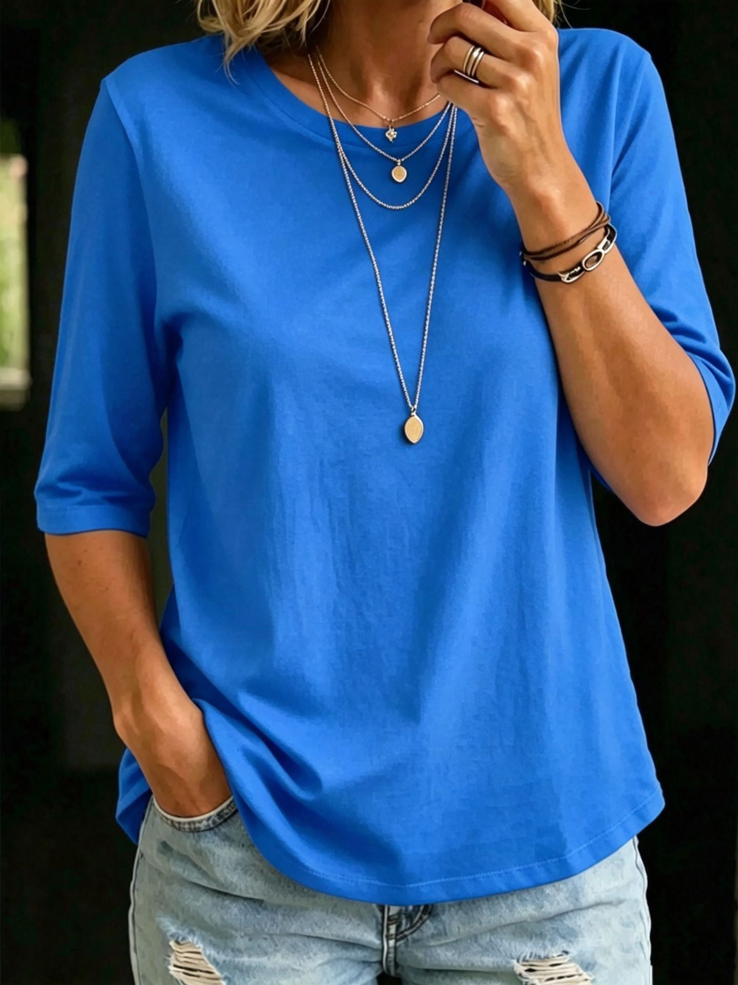 Women's Casual Round Neck Shoulder Half Sleeve Women's T-shirt