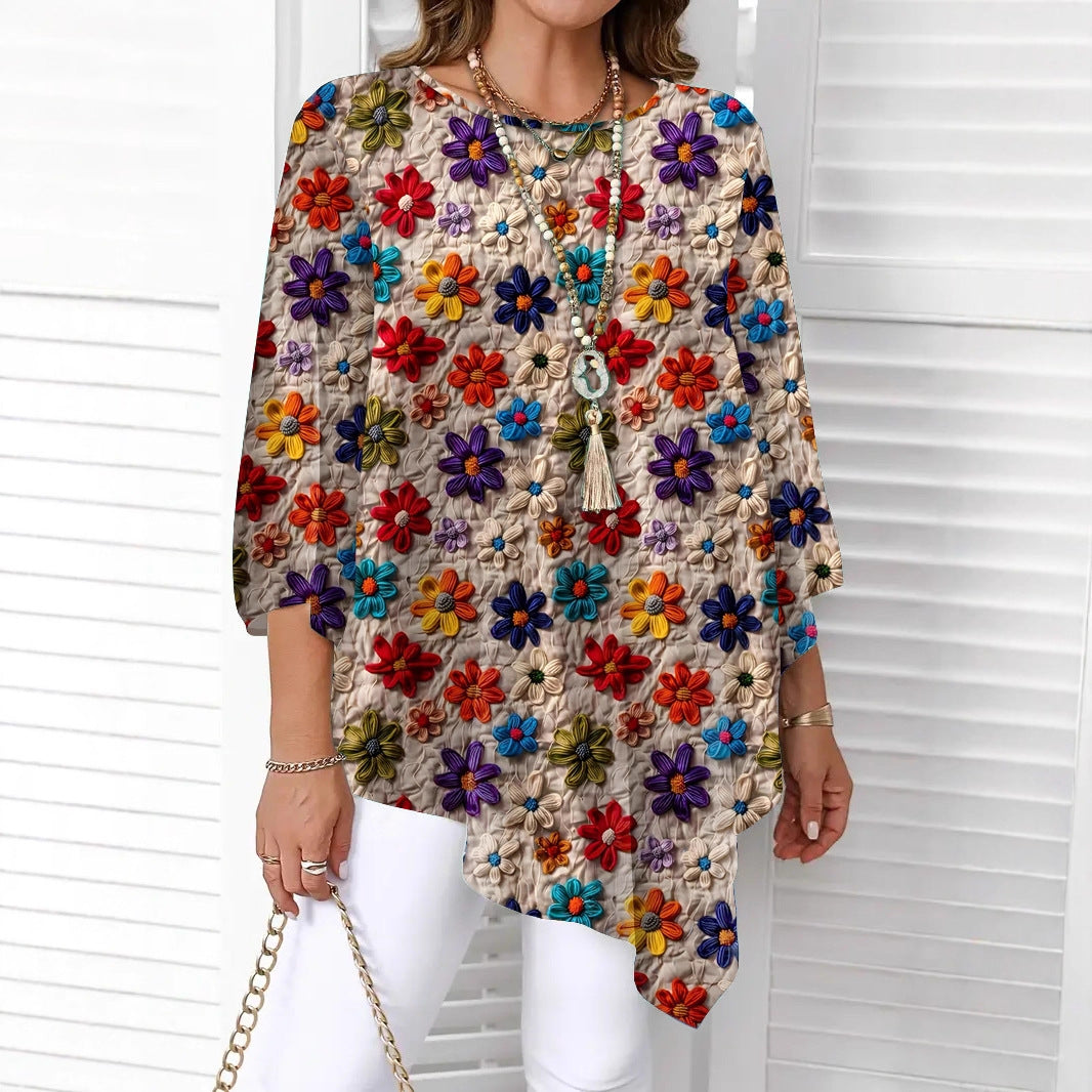 Summer Casual Flower Print Round Neck Large Size T-shirt