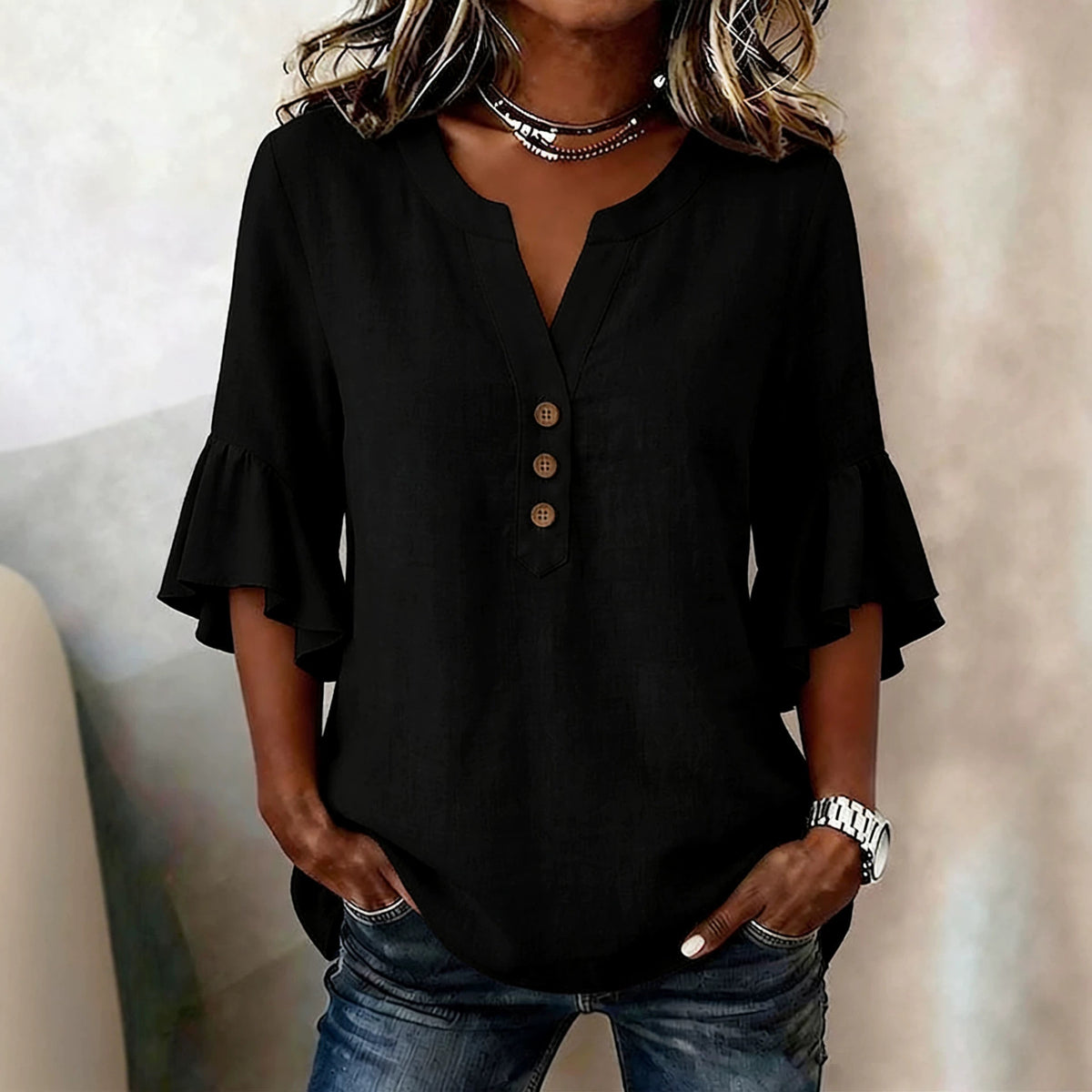 Women's Cotton Linen French Style Gentle Bell Sleeve Loose Casual Shirt Blouse