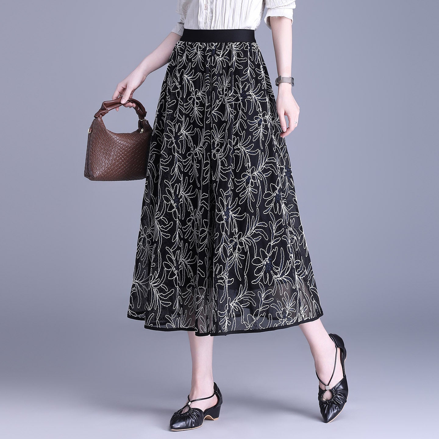Women's Korean Style Printed Two-sided Wear Mesh Autumn Mid-length High Waist Skirt