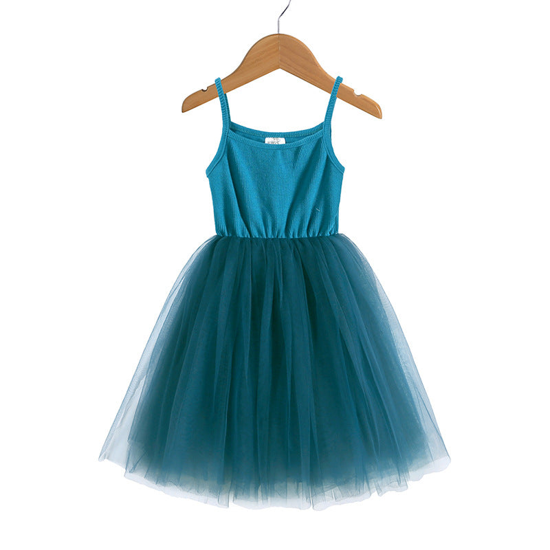Braces Skirt Rib Patchwork Tulle Princess Children's Dress