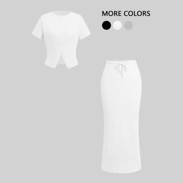 Summer Buttoned Short-sleeved Dress Female Ornament Fashion Casual Suit