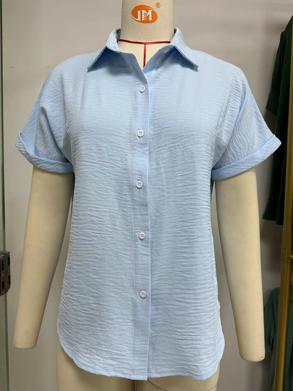 Solid Color Polo Collar Short-sleeved Button Lace Shirt, Chiffon Shirt
