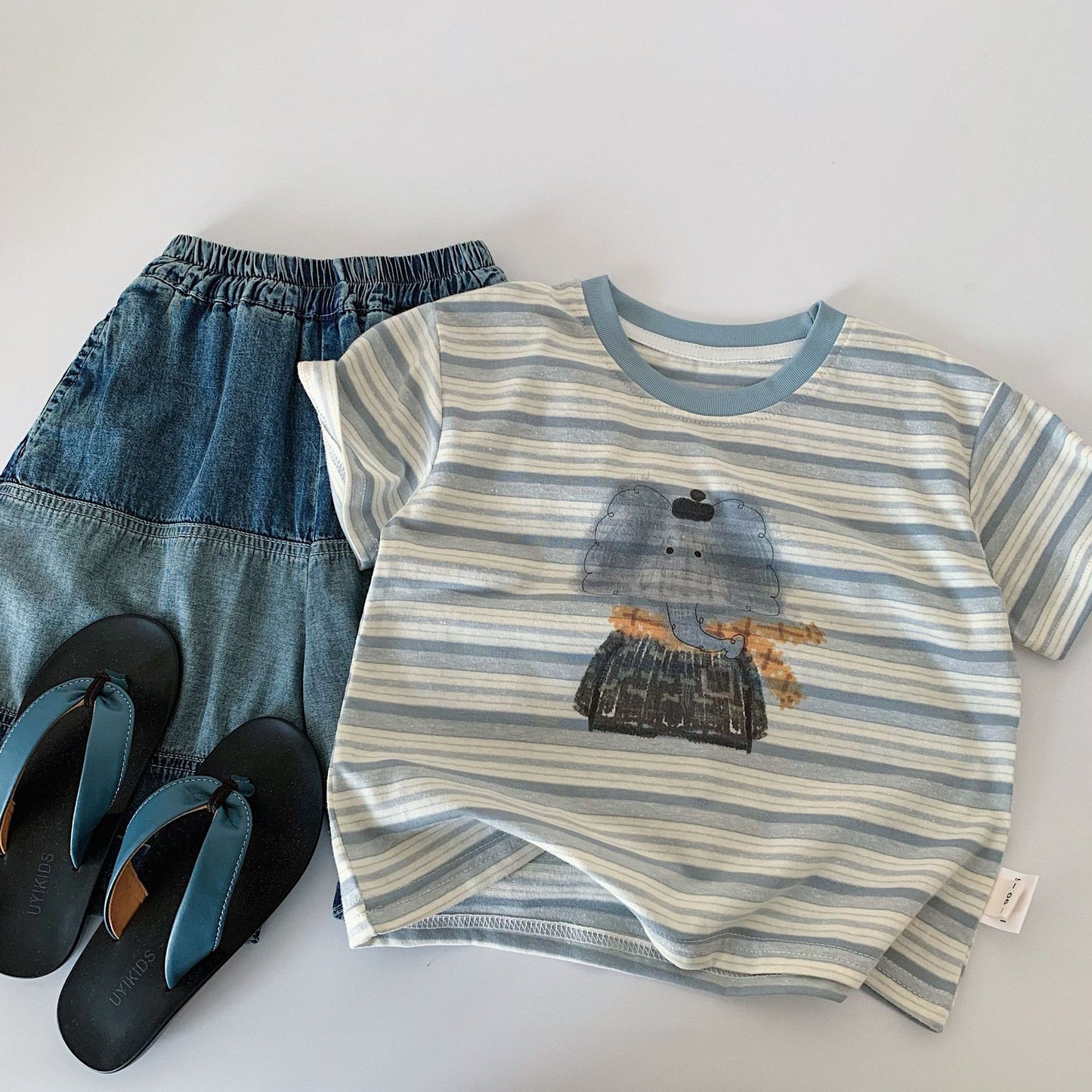 Children's Summer Cartoon Striped Short-sleeved Pullover Class Children's T-shirt