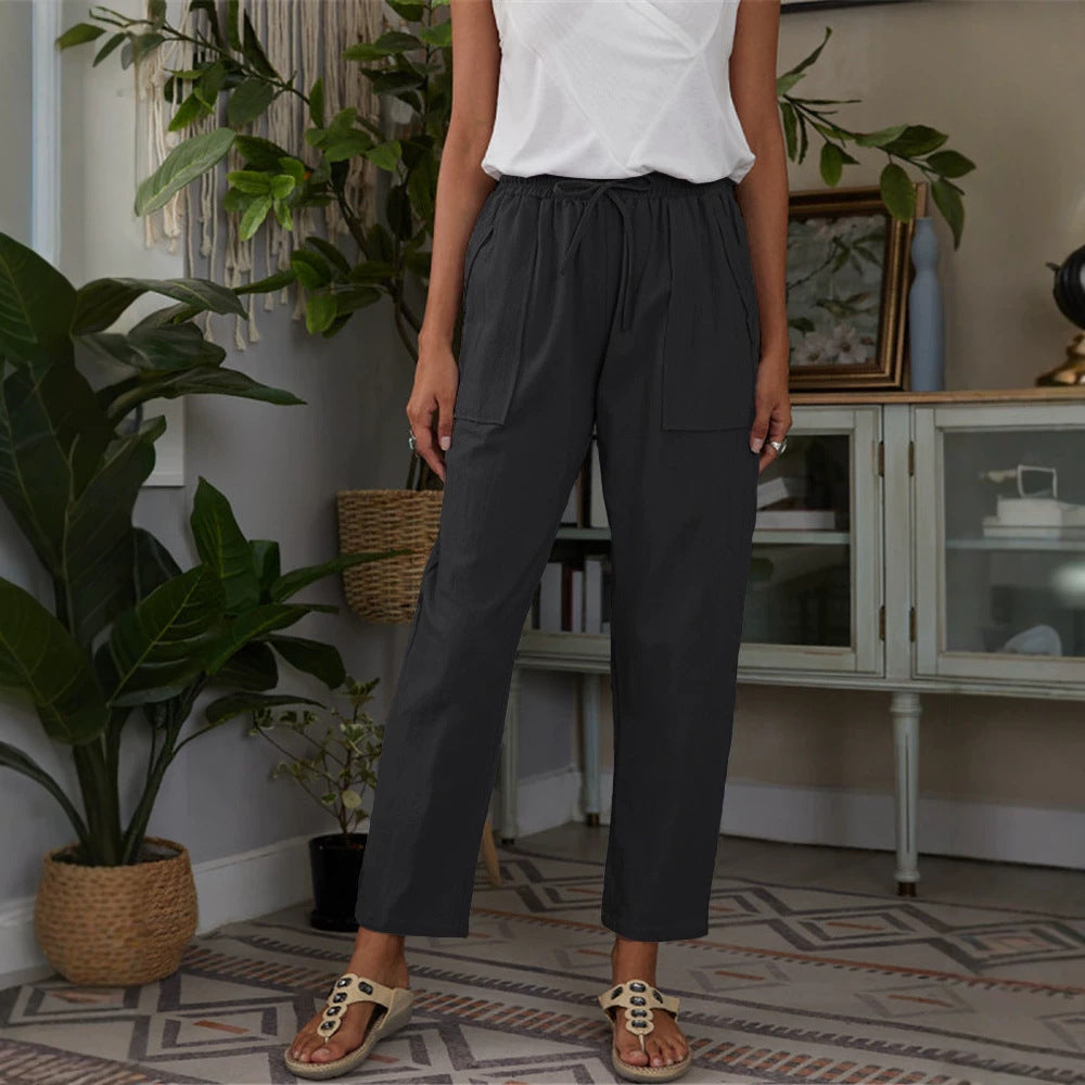 Women's Solid Color Large Pocket Elastic Waist Cotton Linen Casual Pants