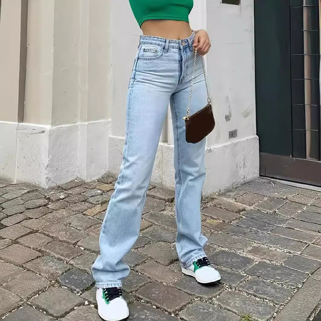 Trendy Women's High Waist Elastic Straight Jeans