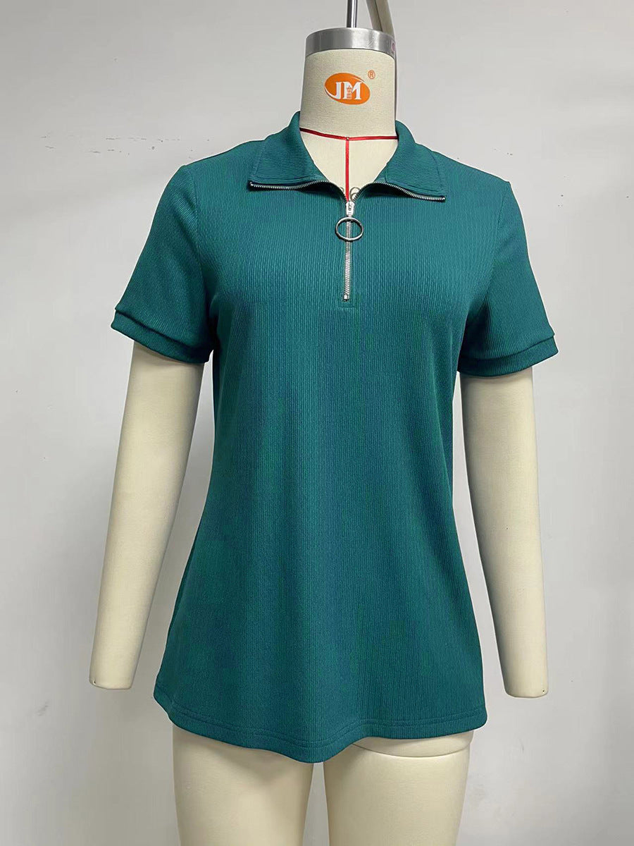 Women's Solid Color Zipper Lapel Loose Casual Women's T-shirt