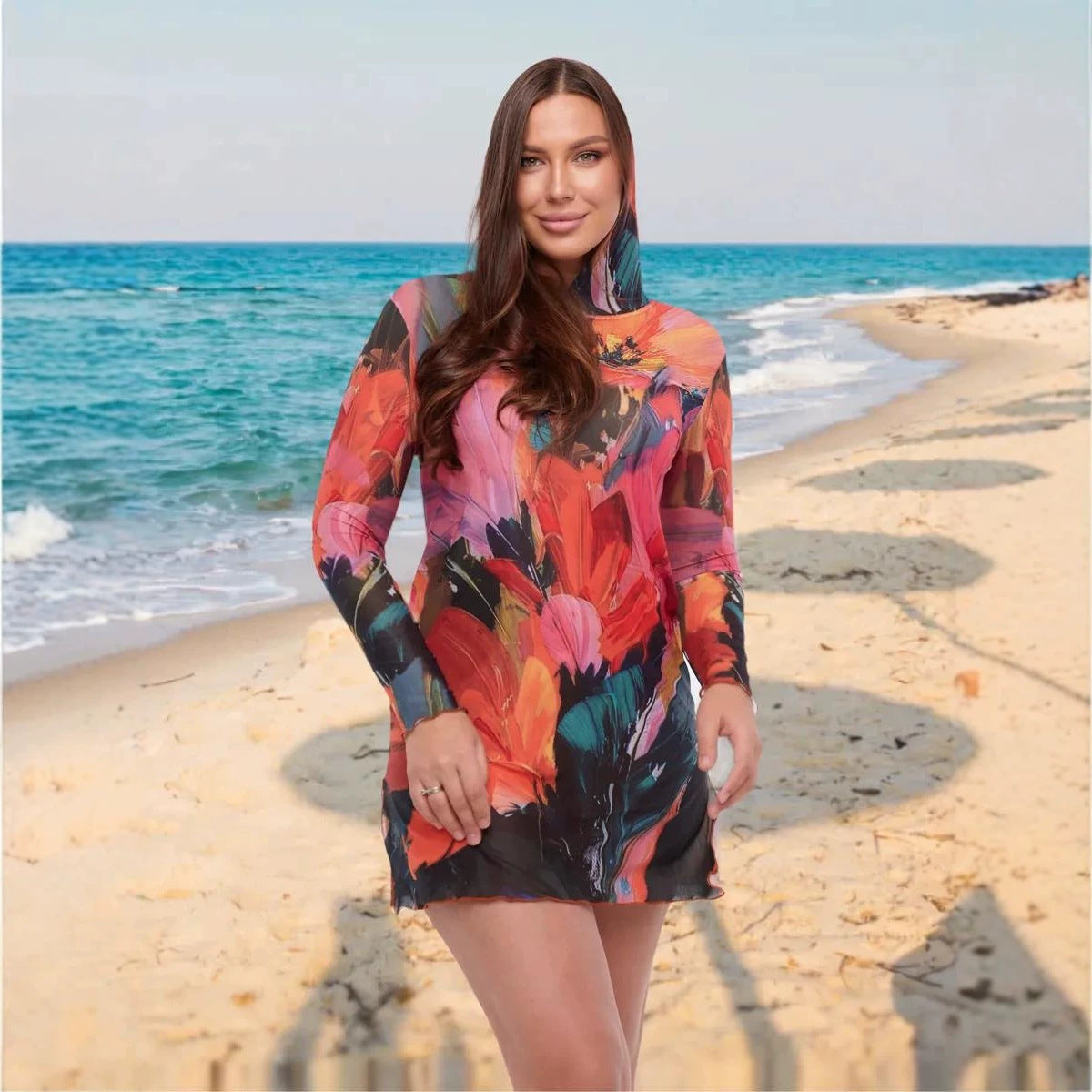 Women's Long Sleeve Mesh Tight Pleated Mini Lace Shirt, Chiffon Shirt
