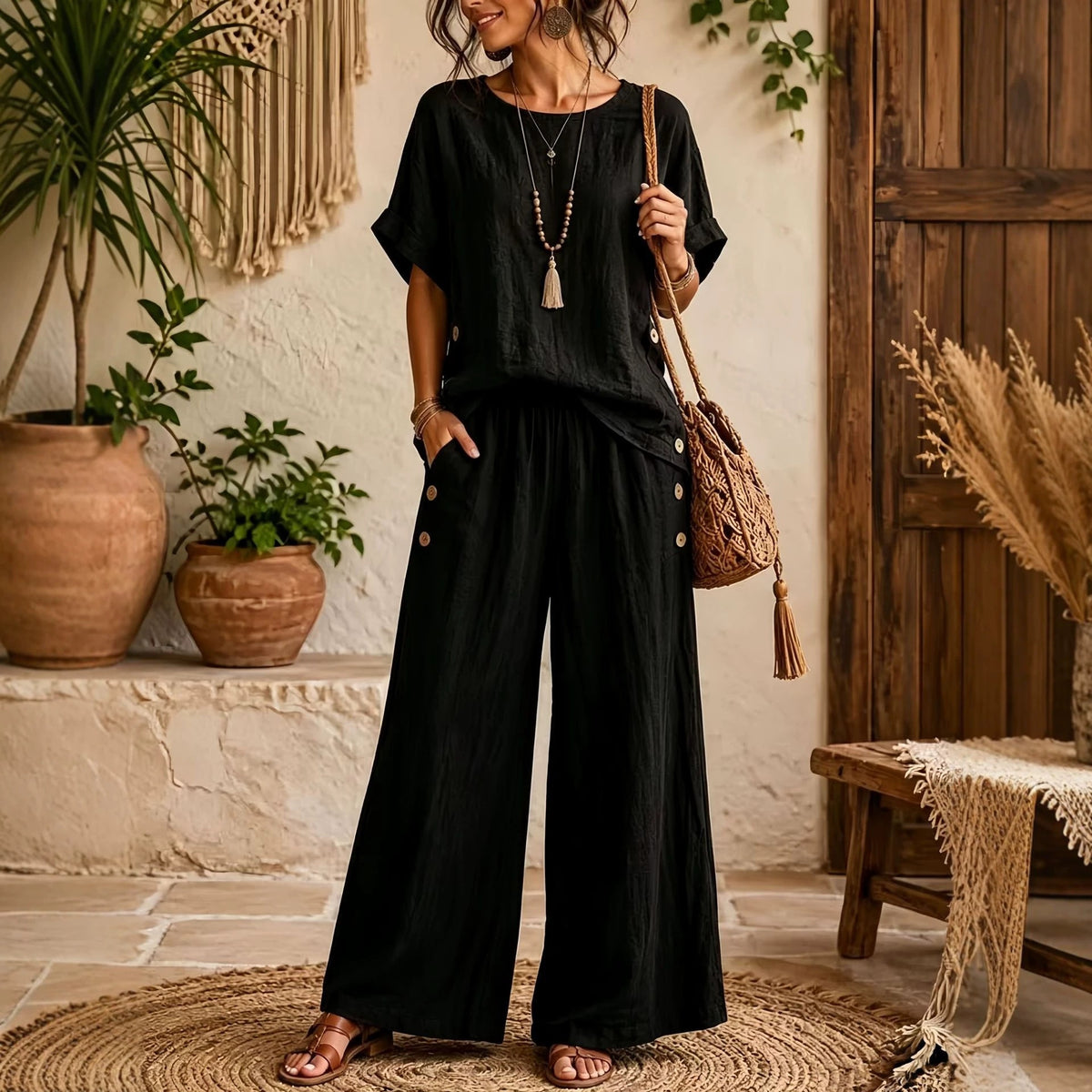 Women's Linen Round Neck Sleeve High Waist Loose Wide Leg Fashion Casual Suit
