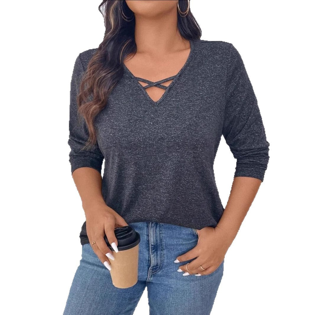 Women's Cross Long Sleeve Cotton Solid Color Casual Large Size T-shirt