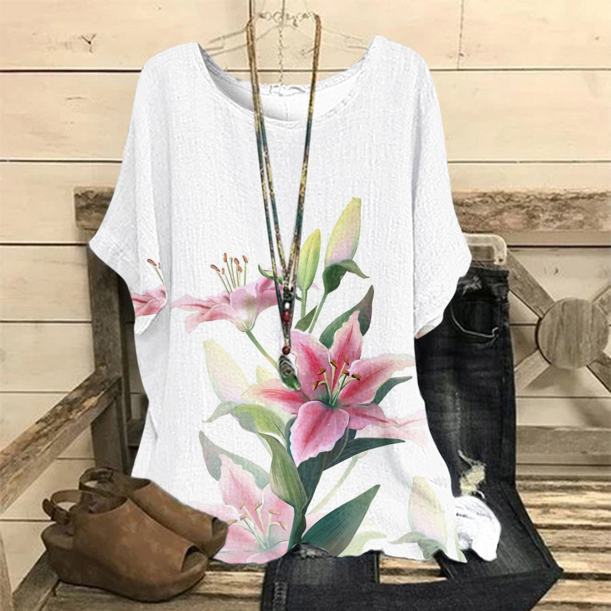 Women's Summer Loose Print Crew Neck Casual Women's T-shirt