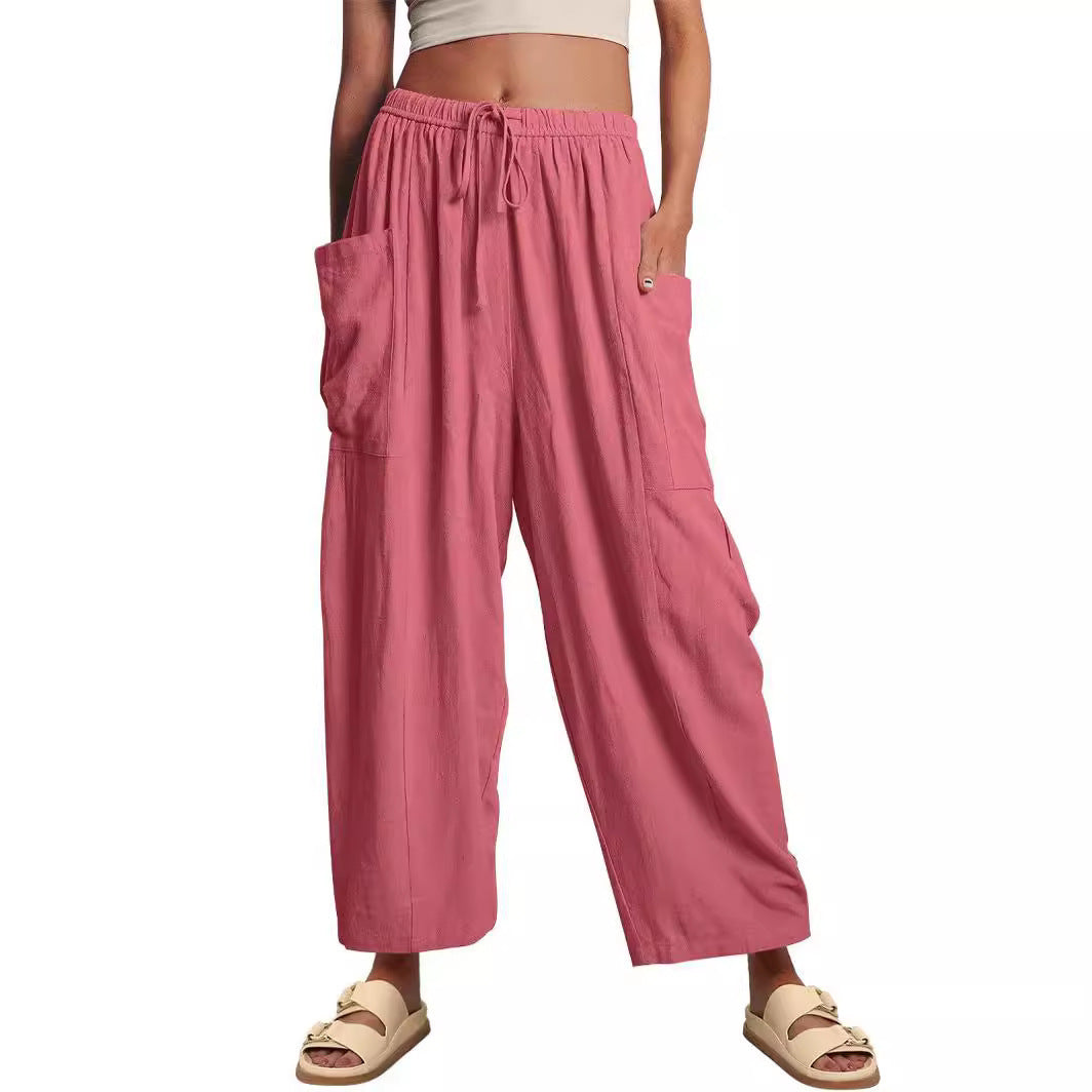 Women's Waist High Wide Leg Loose Cotton Linen Trousers Pants