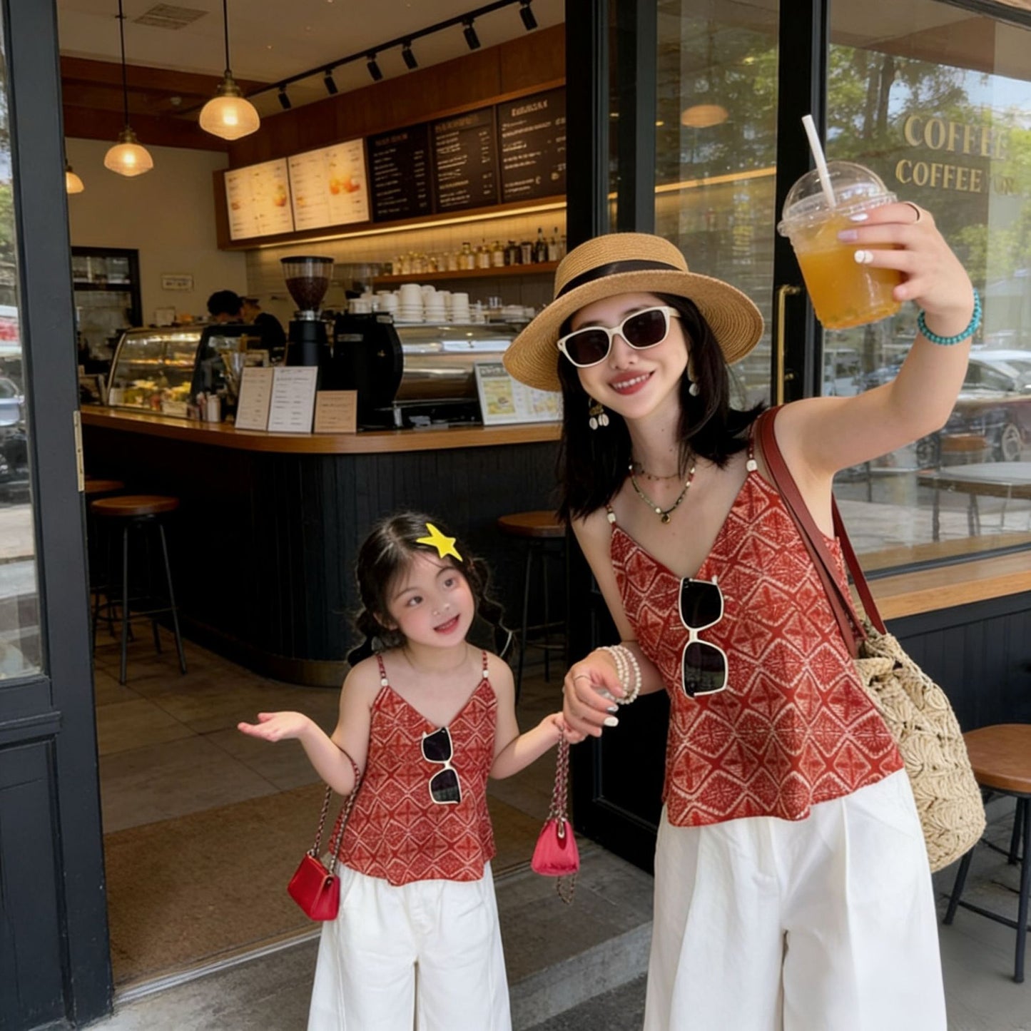 Suit Family Of Three Red Small Floral Shirt Dress Seaside Parent-child Outfit