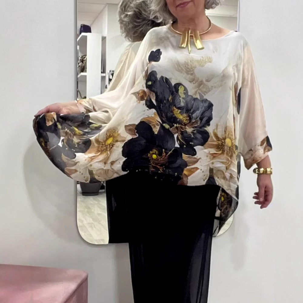 Summer Loose Round Neck Long Sleeve Irregular Large Lace Shirt, Chiffon Shirt