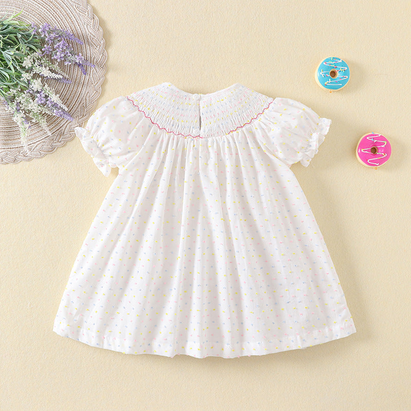 Summer Smocking Puff Sleeve Colorful Cotton Cake Embroidery Korean Children's Dress