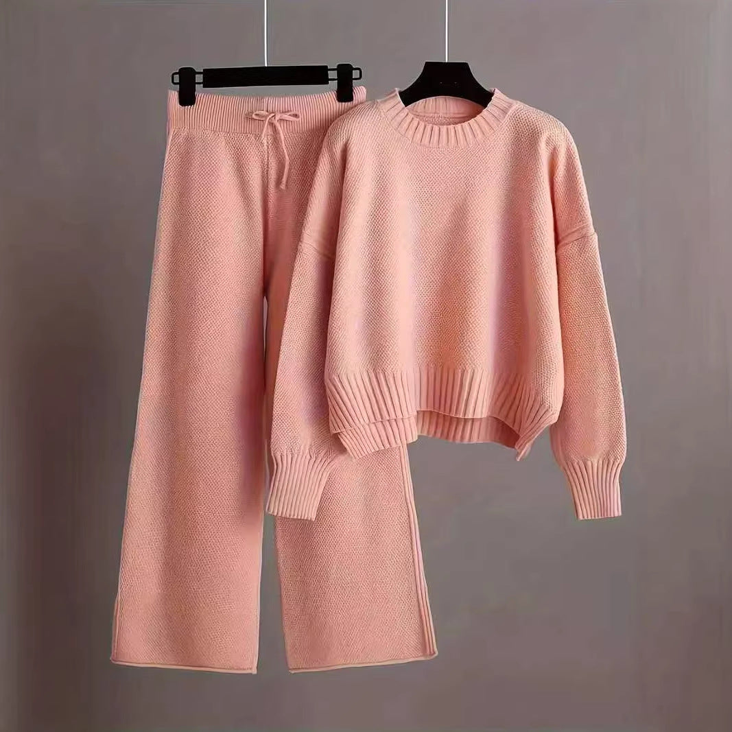 Women's Knitted Two-piece Crew Neck Pullover Straight Fashion Casual Suit