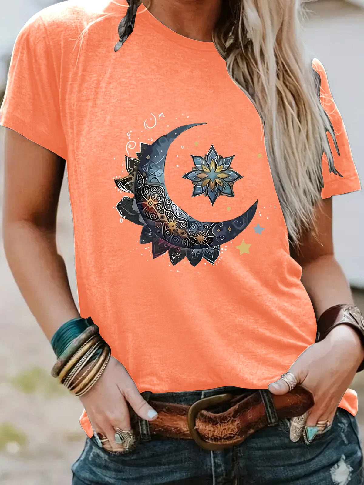 Women's Round Neck Fashion Moon Loose Sleeve Tops