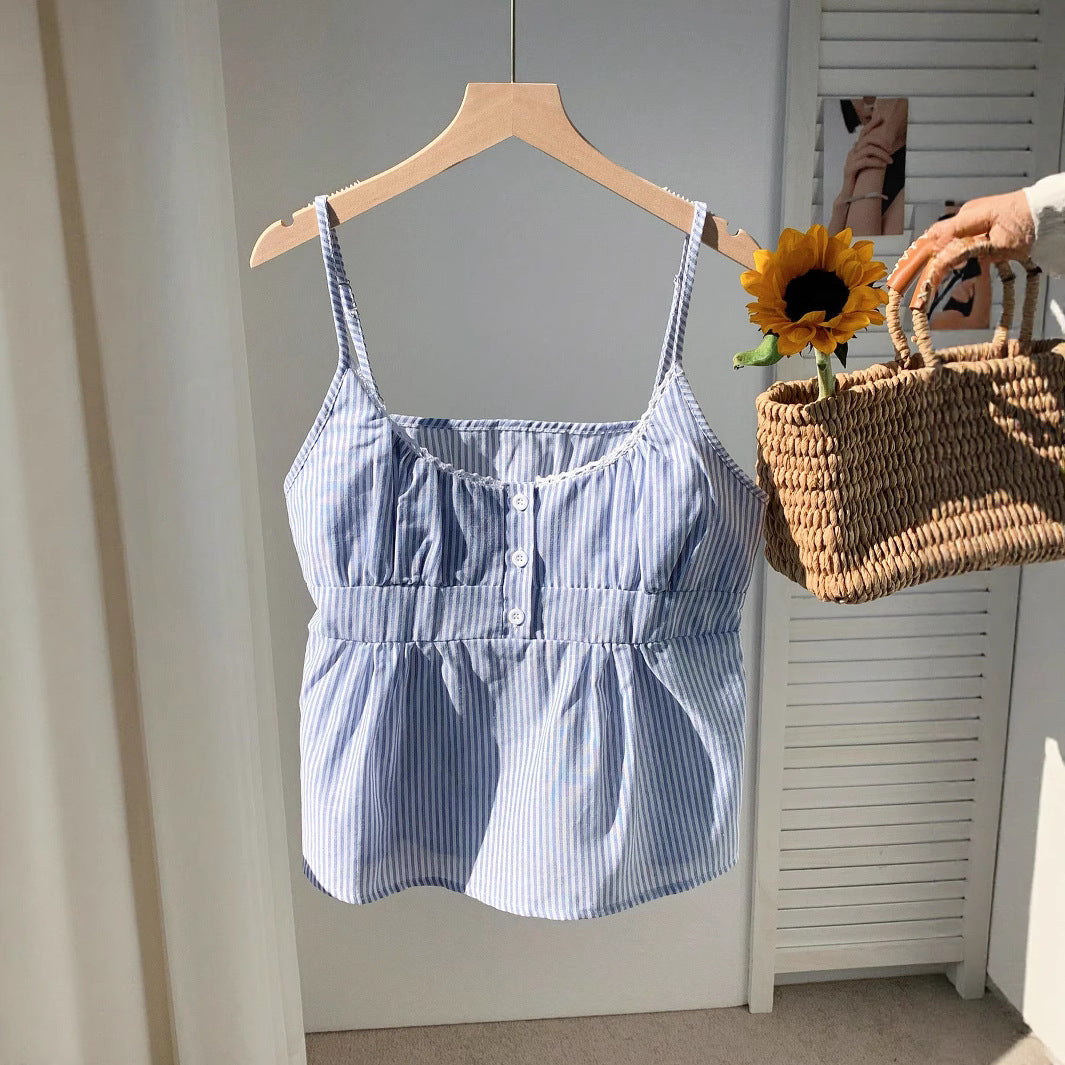Fashionable Blue Striped Lace Collar Camisole Small Vest/suspenders/tube Top