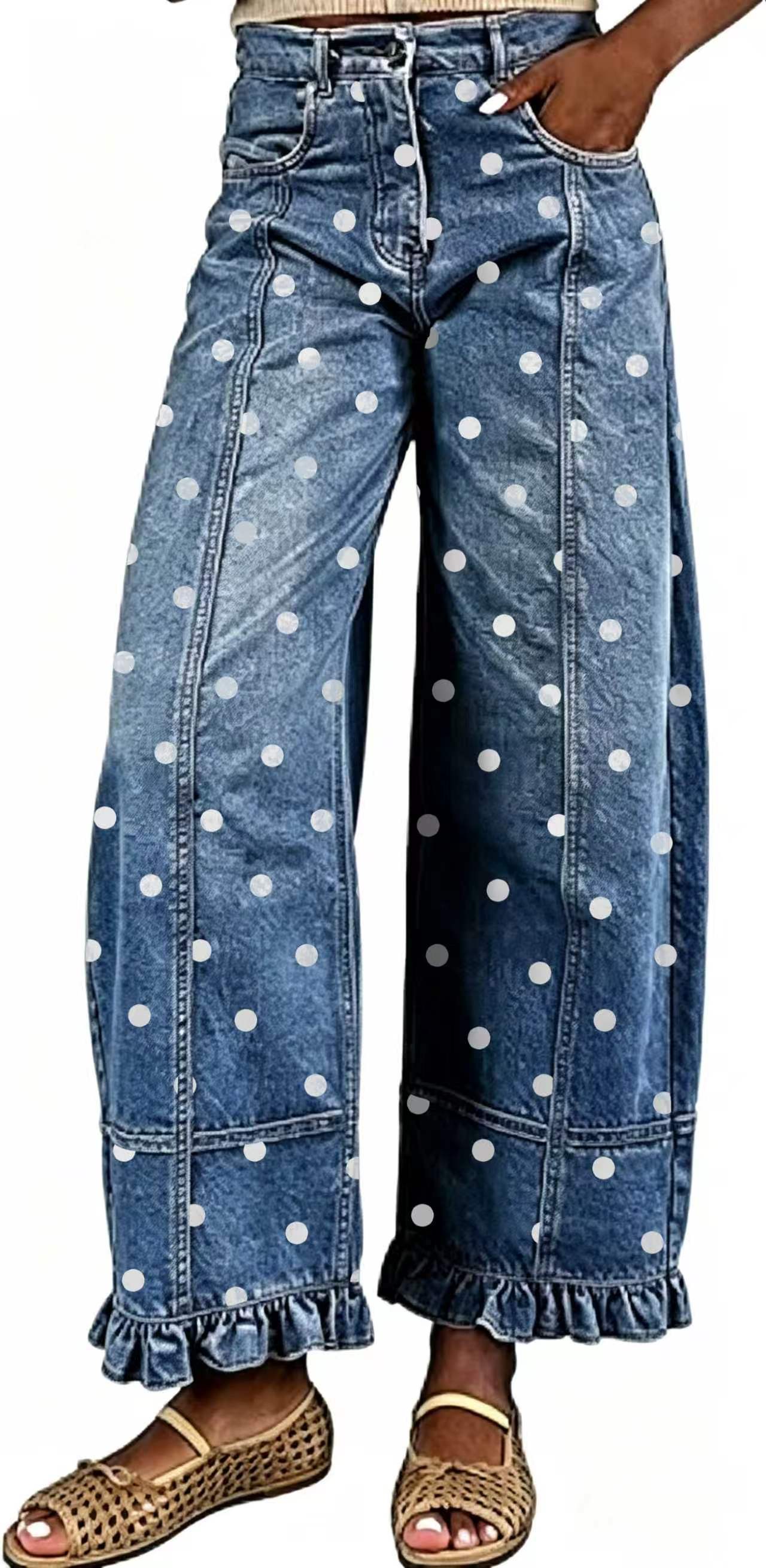 Women's Waist Polka-dot Ruffled Design Sense Fashion Jeans