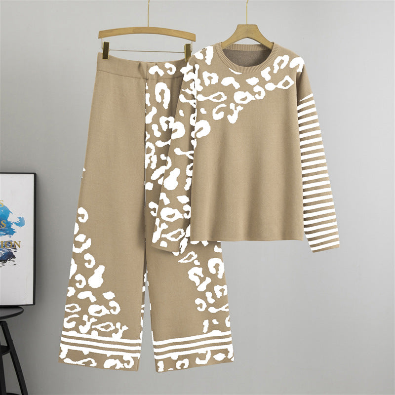 Women's Two-piece Set High Sense Loose Leopard Sweaters