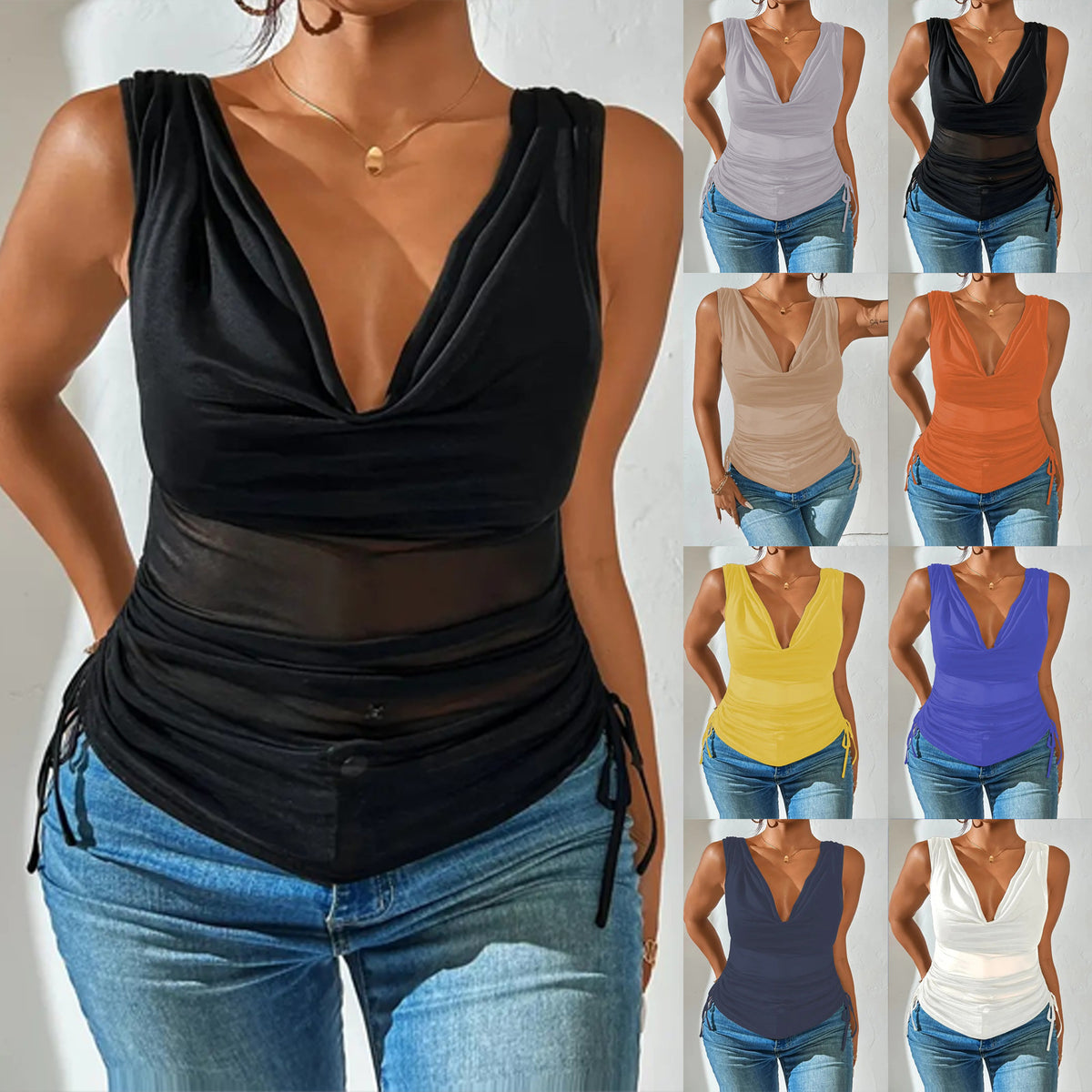 Fashionable Sexy Pile Collar Deep V Solid Color Drawstring Small Vest/suspenders/tube Top