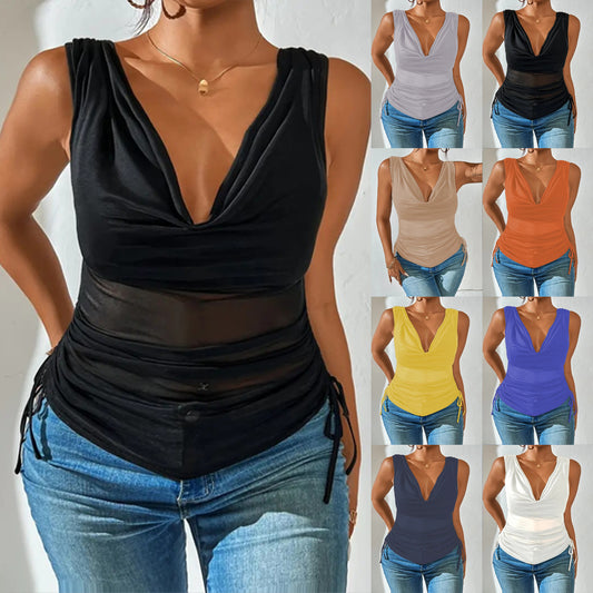 Fashionable Sexy Pile Collar Deep V Solid Color Drawstring Small Vest/suspenders/tube Top