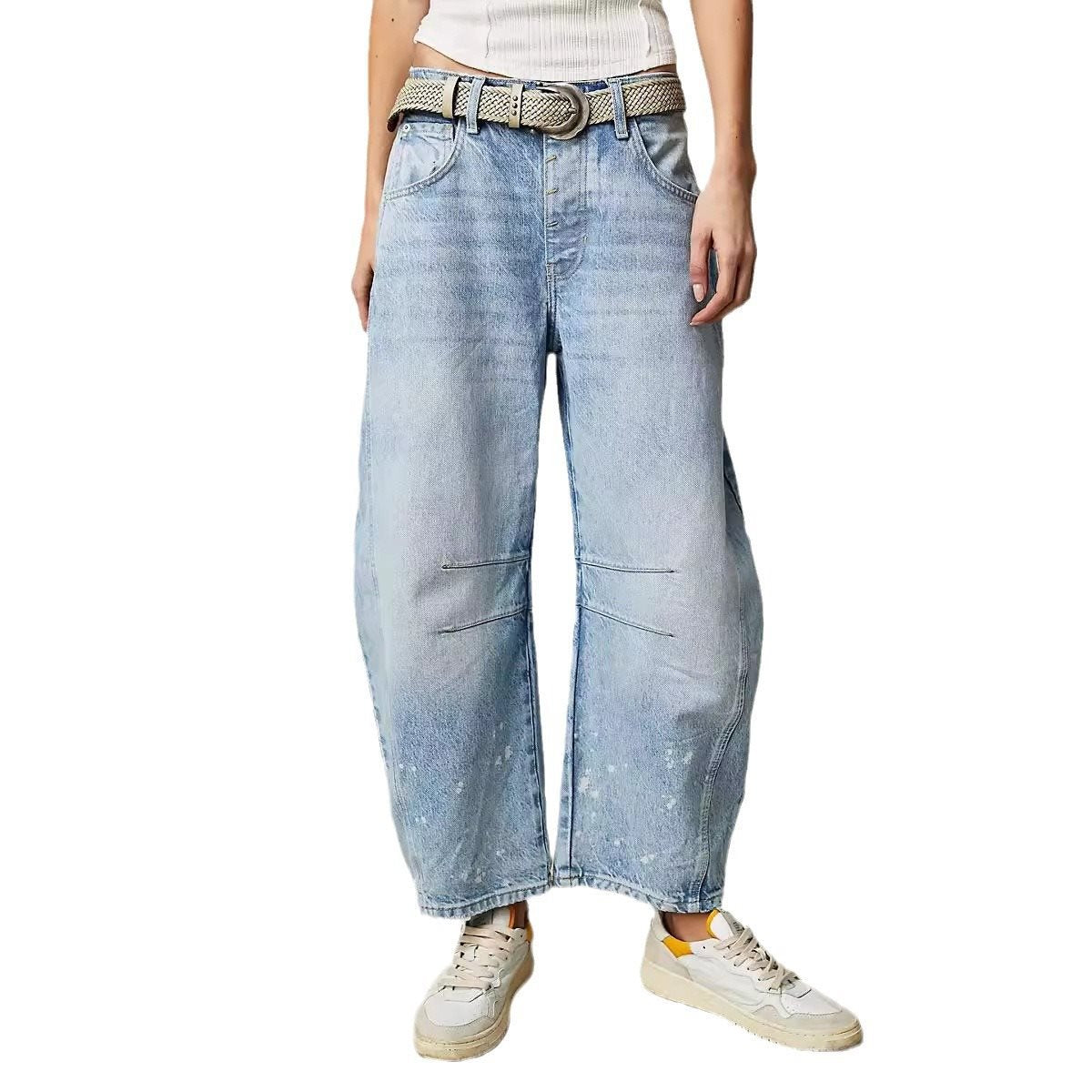 Women's Loose Waist Washed Denim Dark Blue Jeans