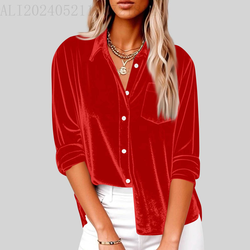 Women's Fashion Casual Long Sleeve Lapel Gold Veet Loose With Blouse