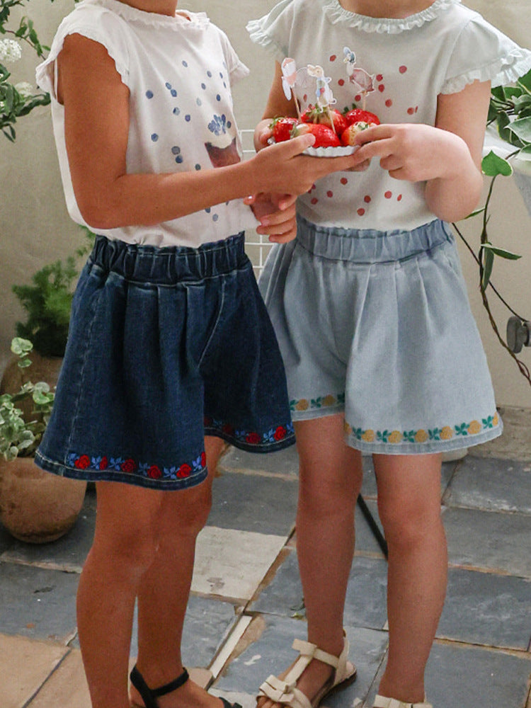 Strawberry Shan Fashionable Embroidery Flower Loose Wide Leg Children's Pants