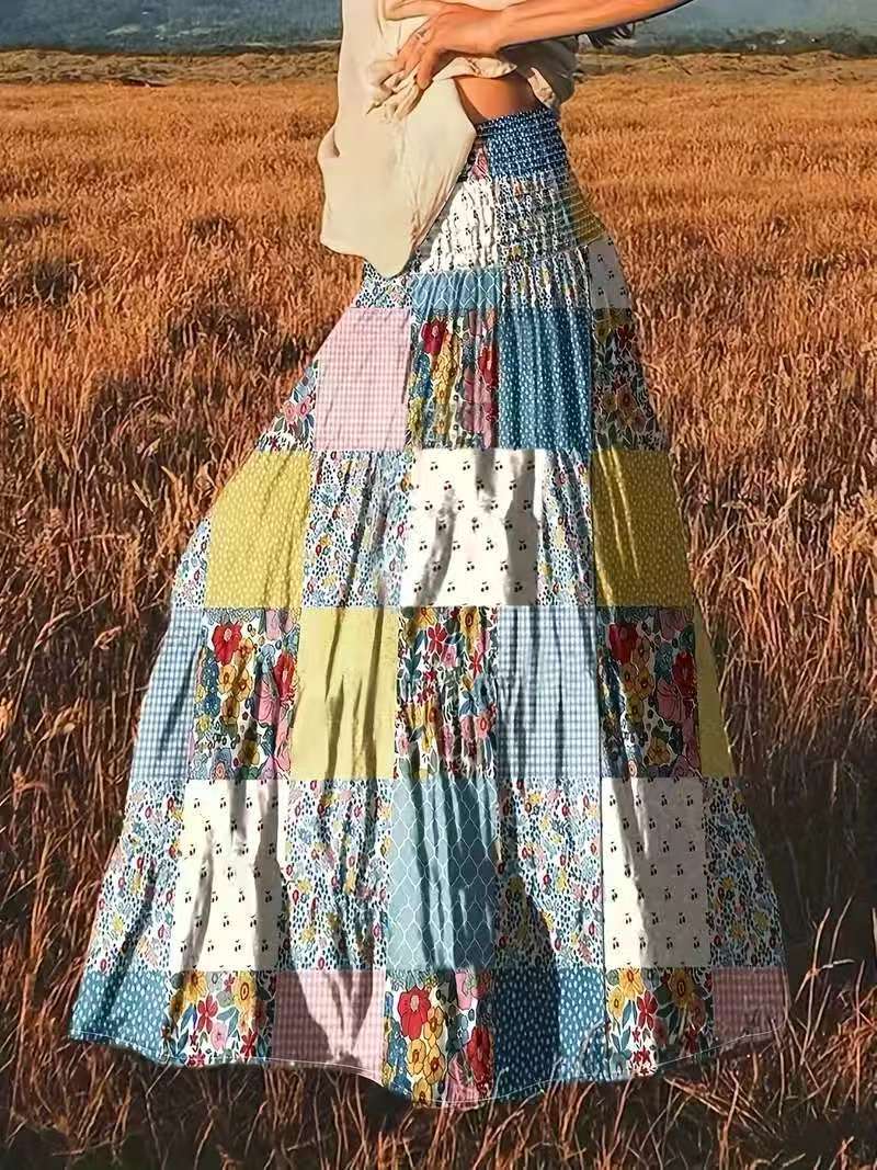 Women's Printed Stitching Popular Floral Long Skirt