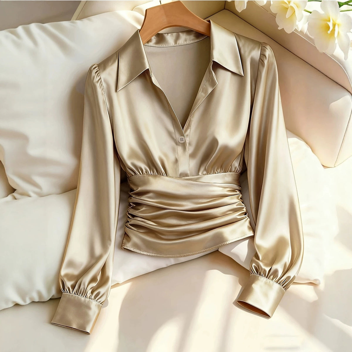 Women's Satin Lapel Shirt Autumn Waist Pleated Elegant Burgundy Collar Puff Blouse