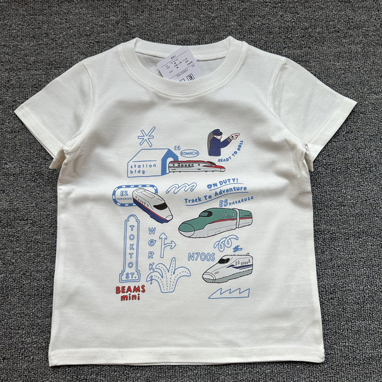 Children's Single Tram Series Summer Clothing Round Neck Children's T-shirt