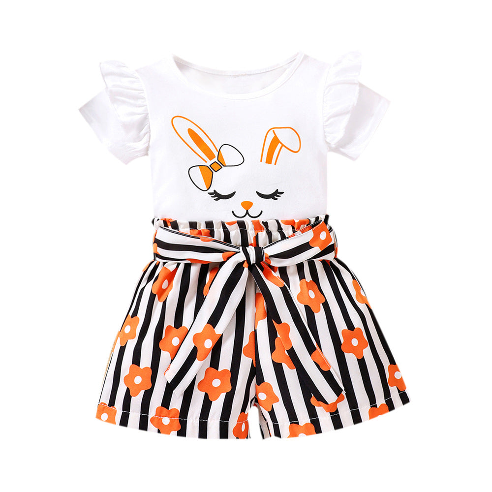 Children's Clothing Summer Cartoon Rabbit Print Striped Children's Suit