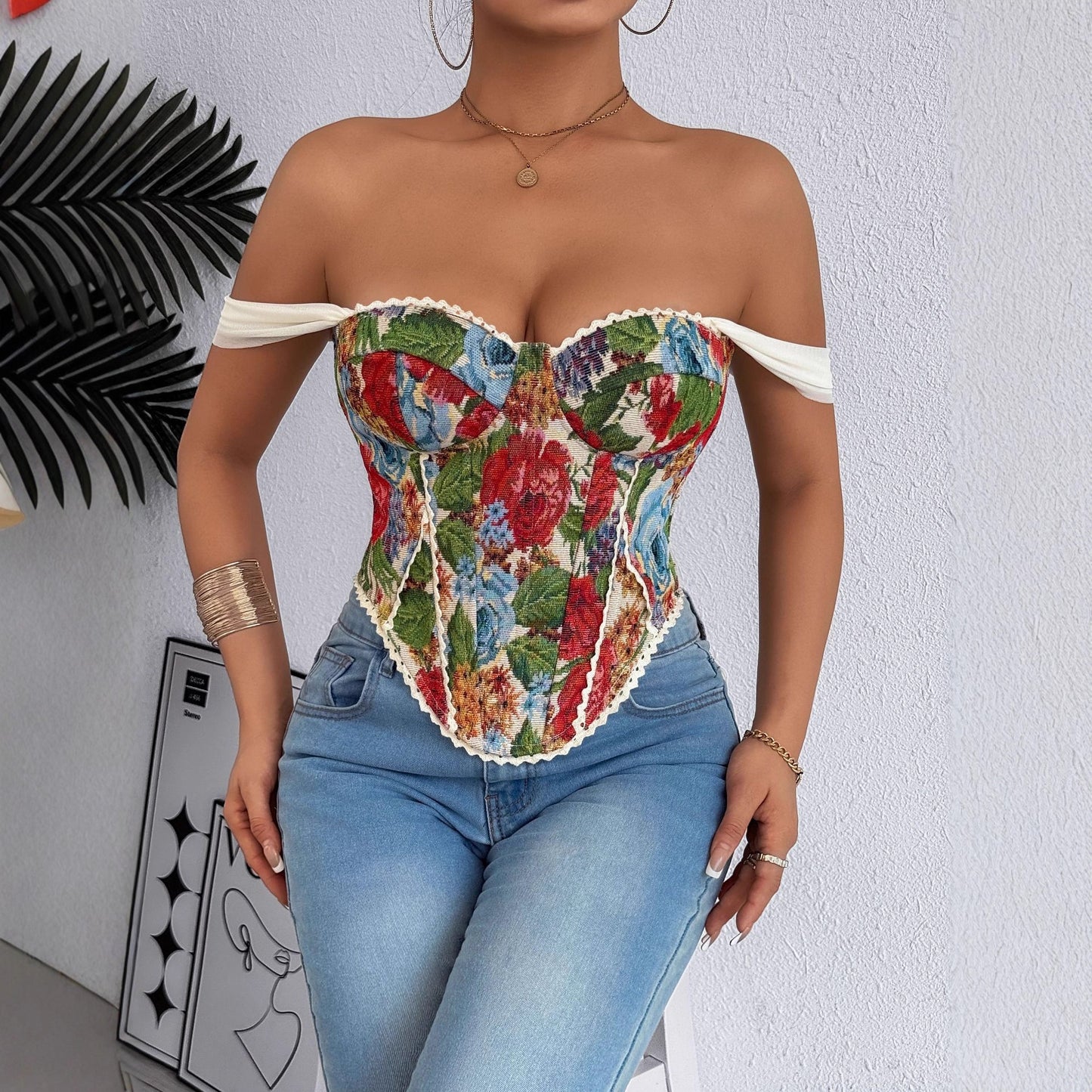 Retro French Jacquard Oil Painting Sense Small Vest/suspenders/tube Top