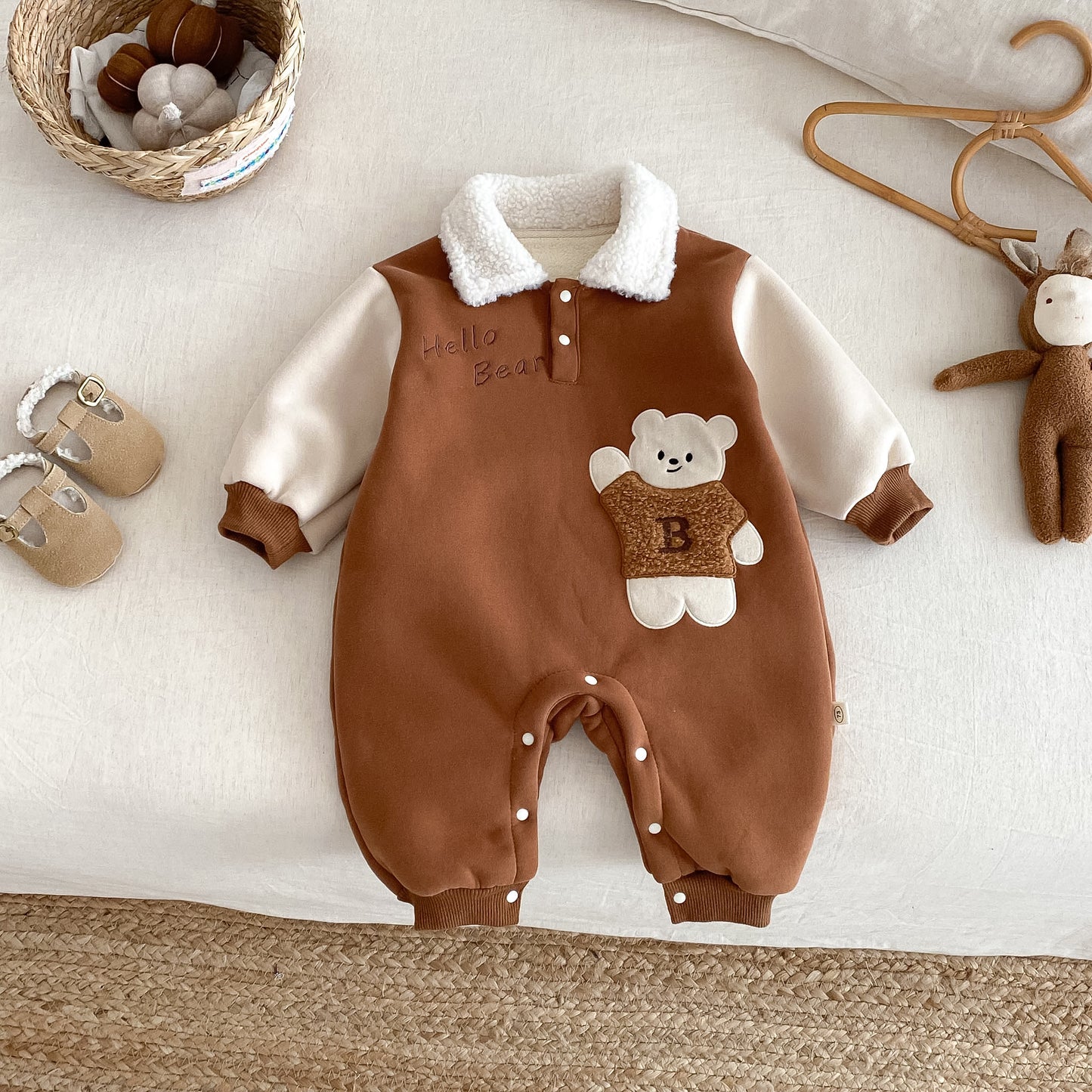 Children's No Bear Winter Fleece-lined Cartoon Romper Jumpsuit, Climbing Suit