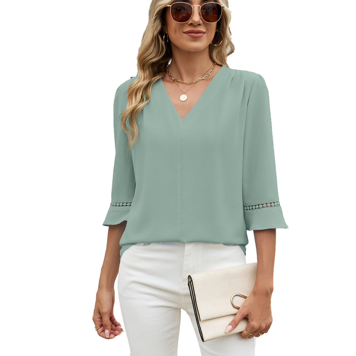 Graceful Women's Pleated Bell Sleeve Work Lace Shirt, Chiffon Shirt