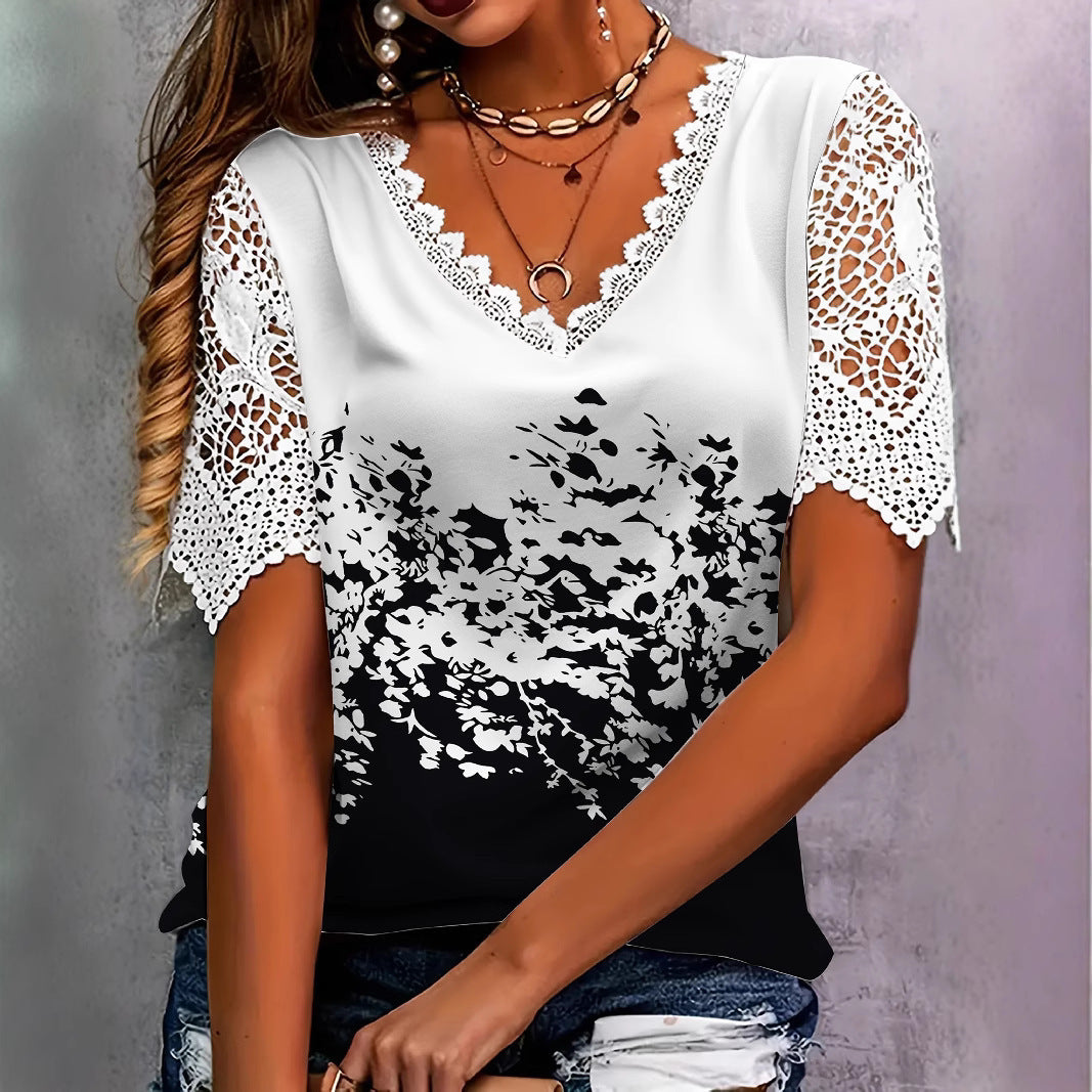 Women's Lace Stitching Fashion Printing Sleeve Female Tops