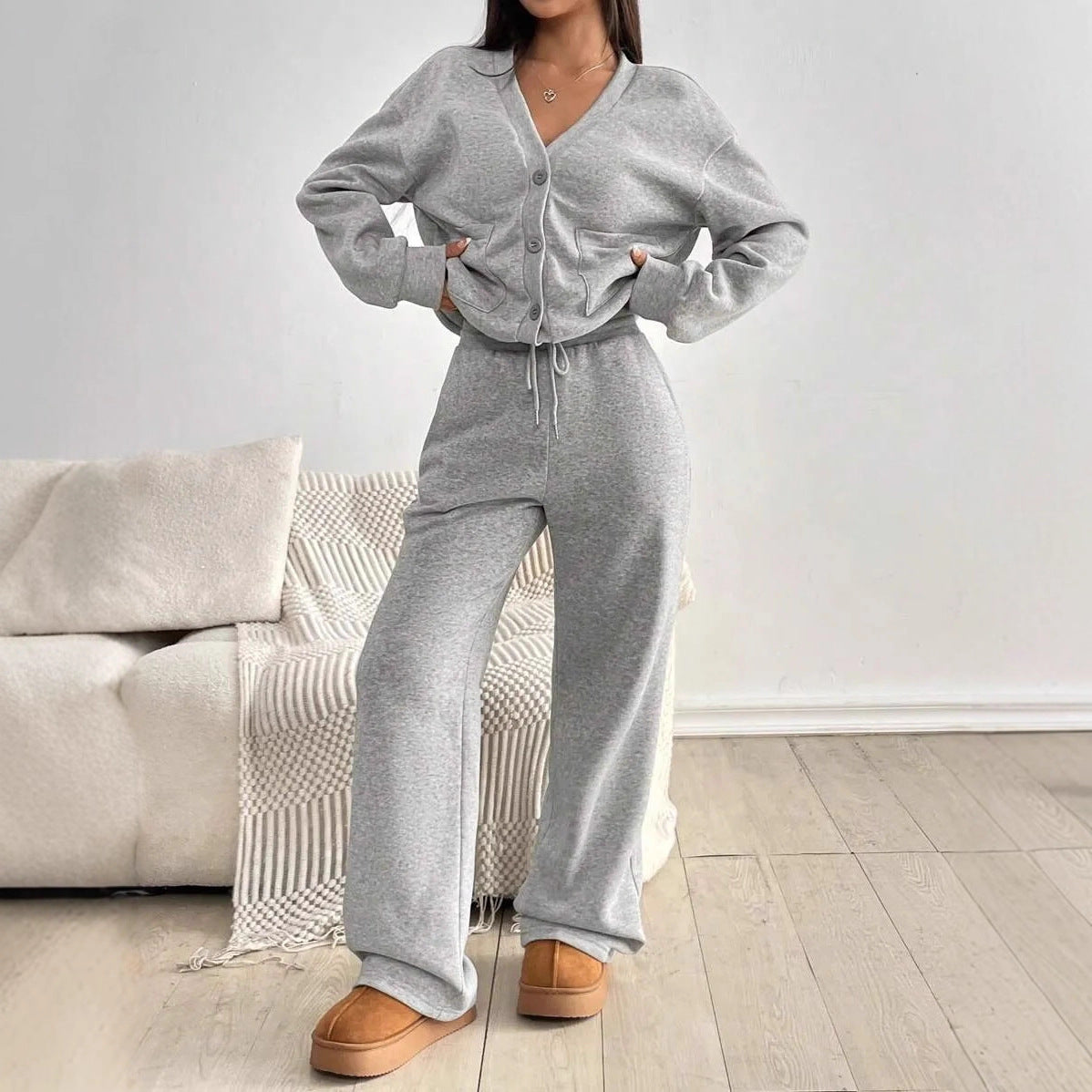 Women's Simple Pocket Sweatshirt Button Solid Color Fashion Casual Suit