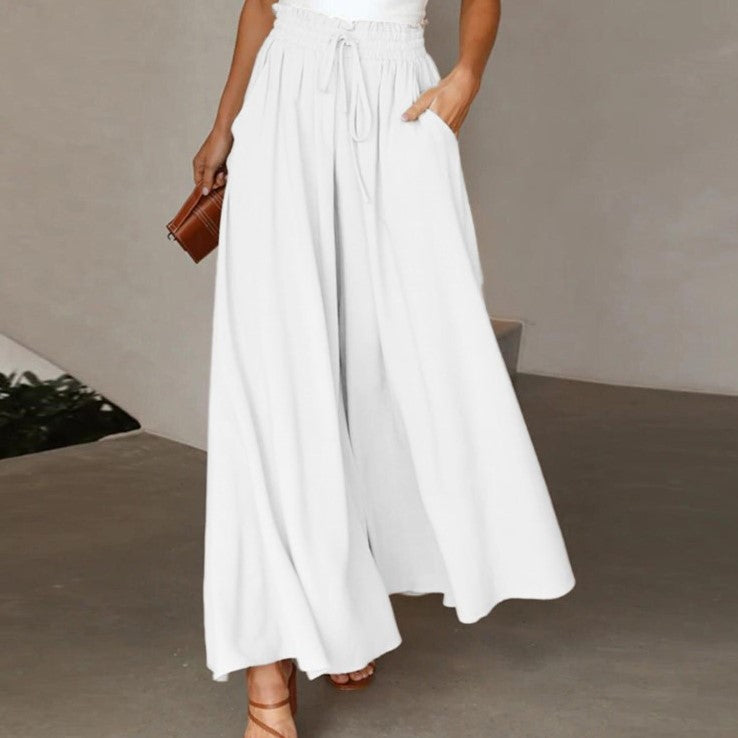 Women's Summer Elastic Waistband Wide Leg High Waist Long Culottes Casual Pants