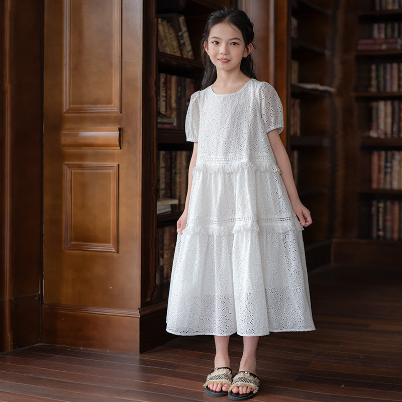 Hollow Embroidered White Cotton Summer Medium Children's Dress