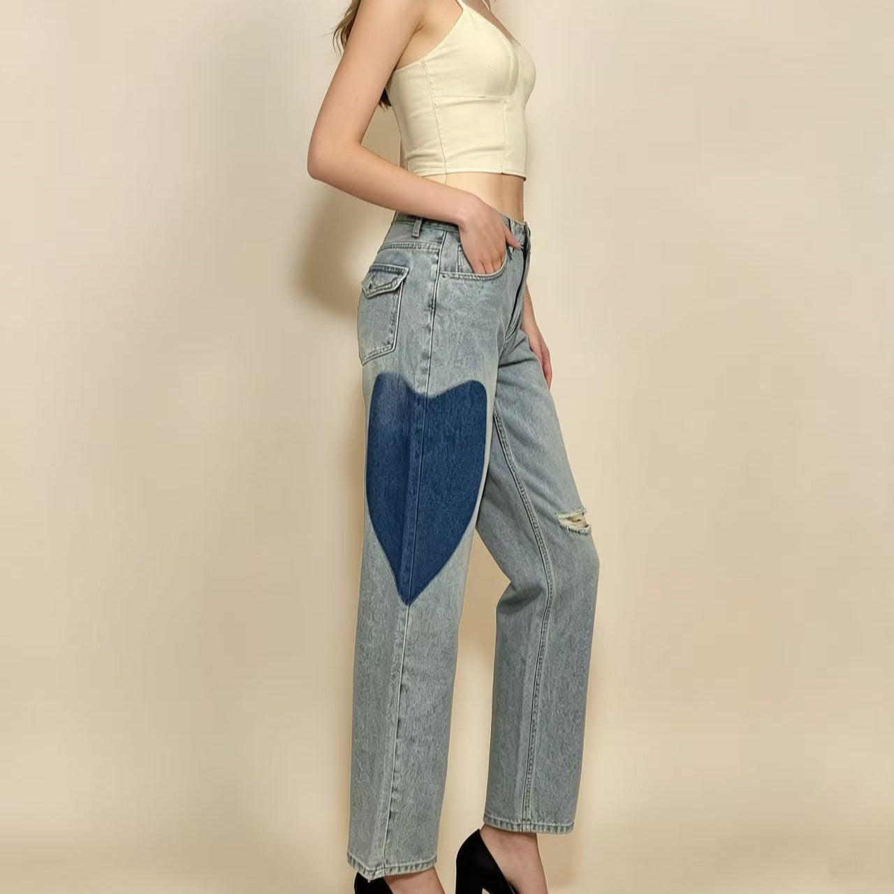 Women's Cool Fashion Unique Stitching Love Design Women's Jeans
